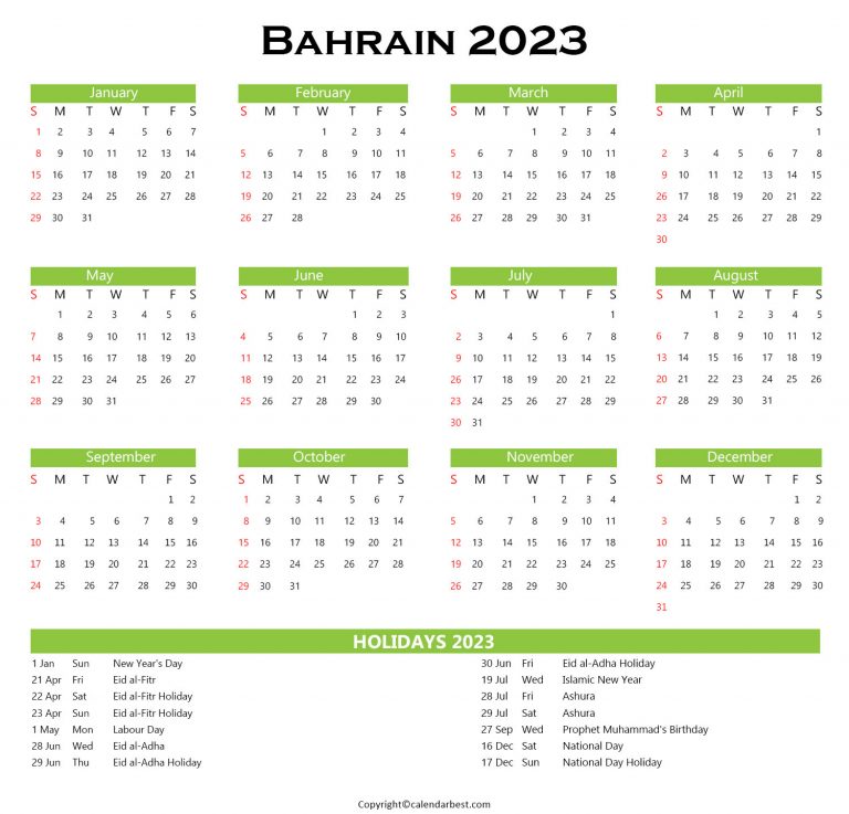 Bahrain Calendar 2023 with Holidays - Free Printable in PDF