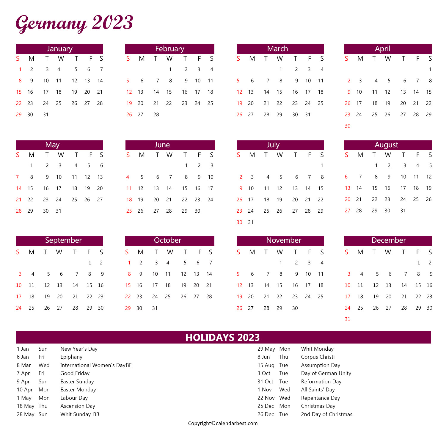 Germany Calendar 2023 Holidays