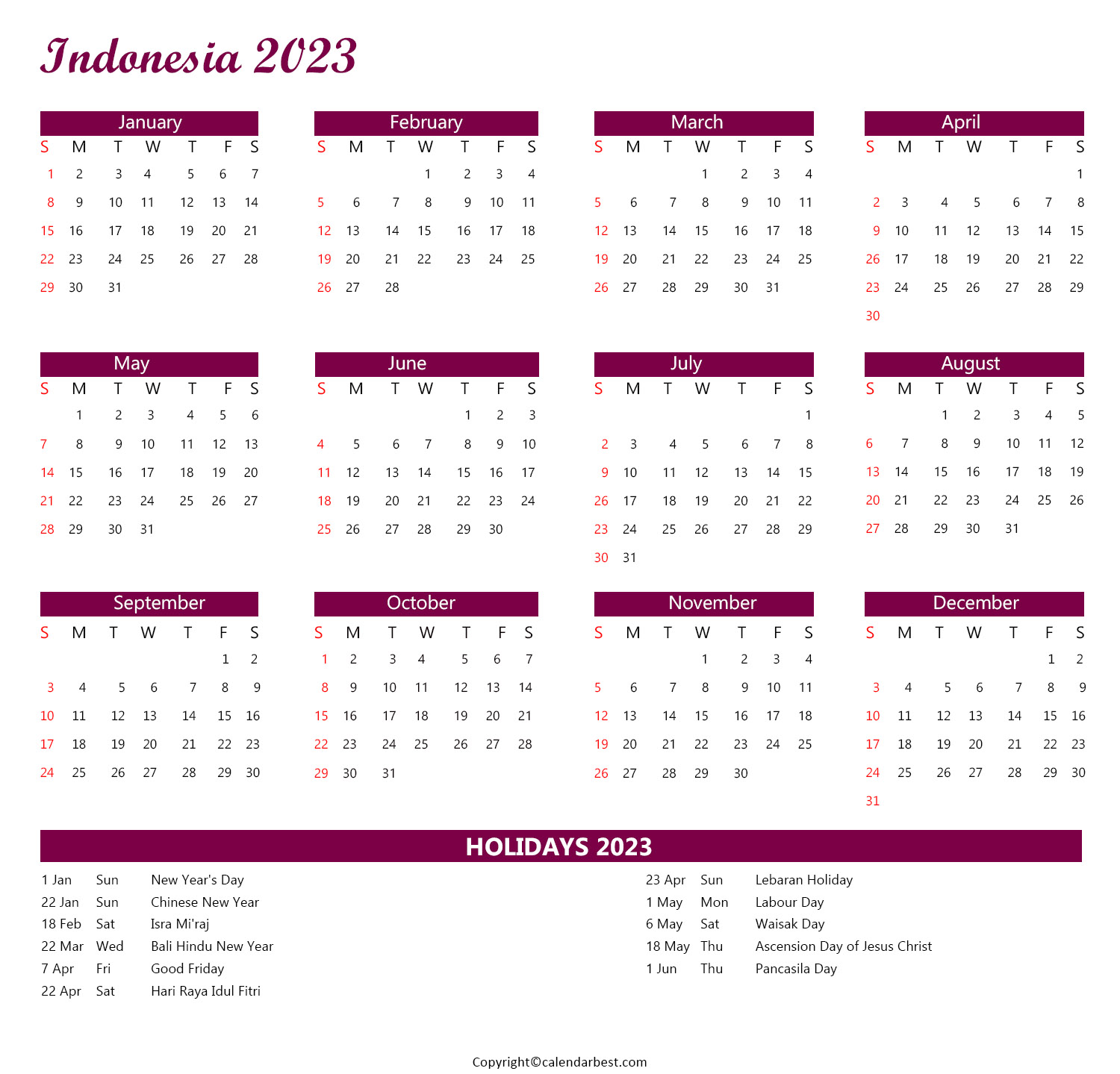Indonesia Calendar with Holidays 2023