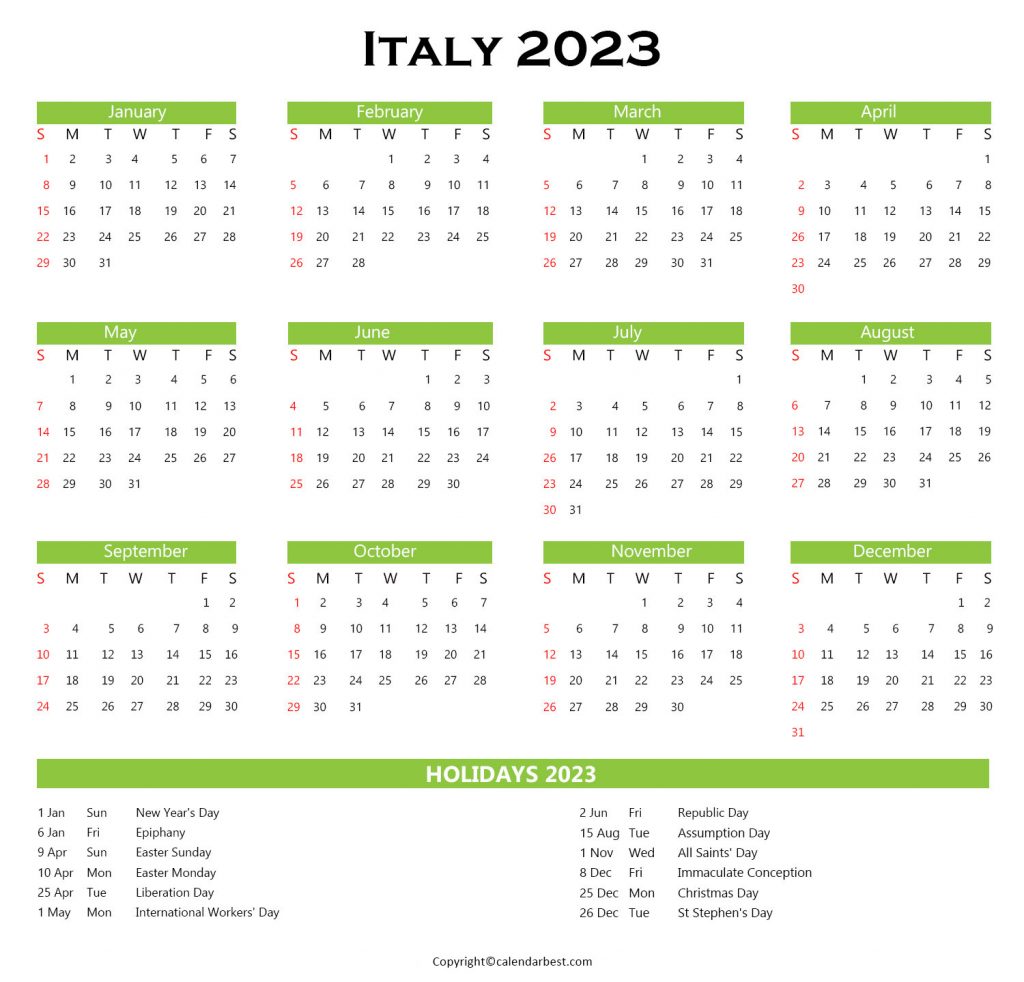 Italy Calendar 2023 with Holidays - Free Printable in PDF