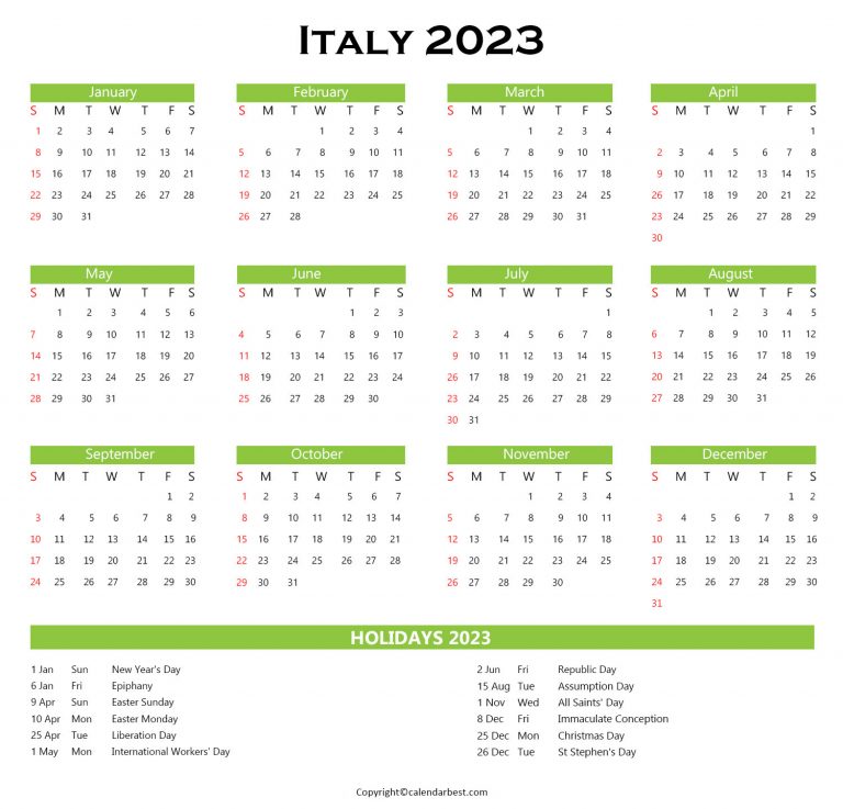 Italy Calendar 2023 with Holidays - Free Printable in PDF