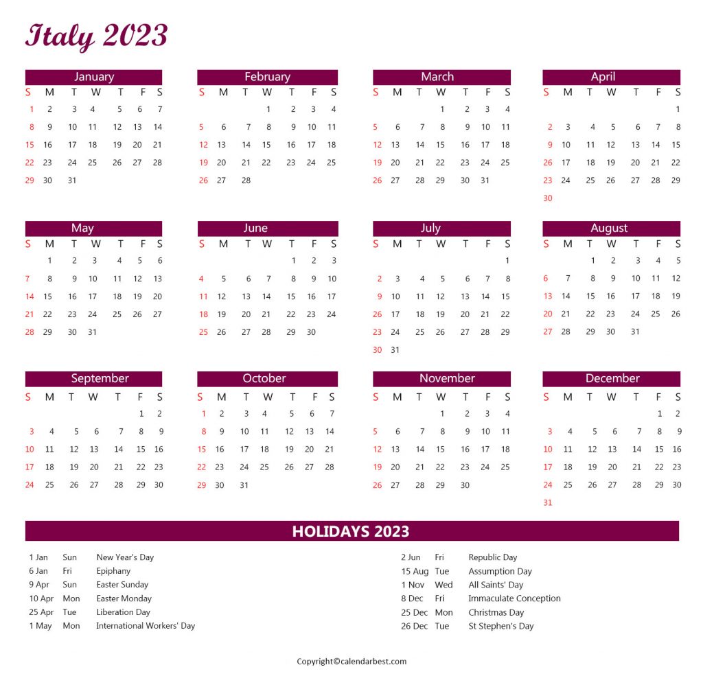 Italy Calendar 2023 with Holidays Free Printable in PDF