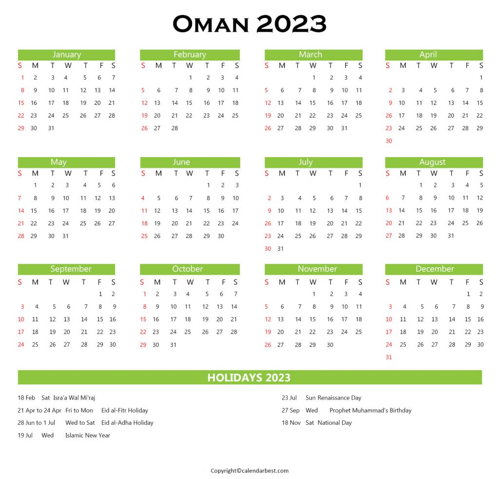 Oman Calendar For 2023 Free Printable Calendar 2023
