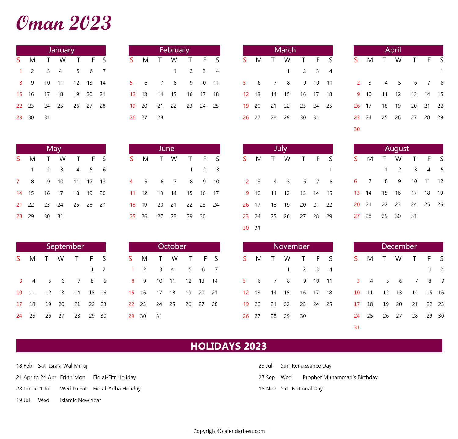 Oman Calendar 2023 with Holidays