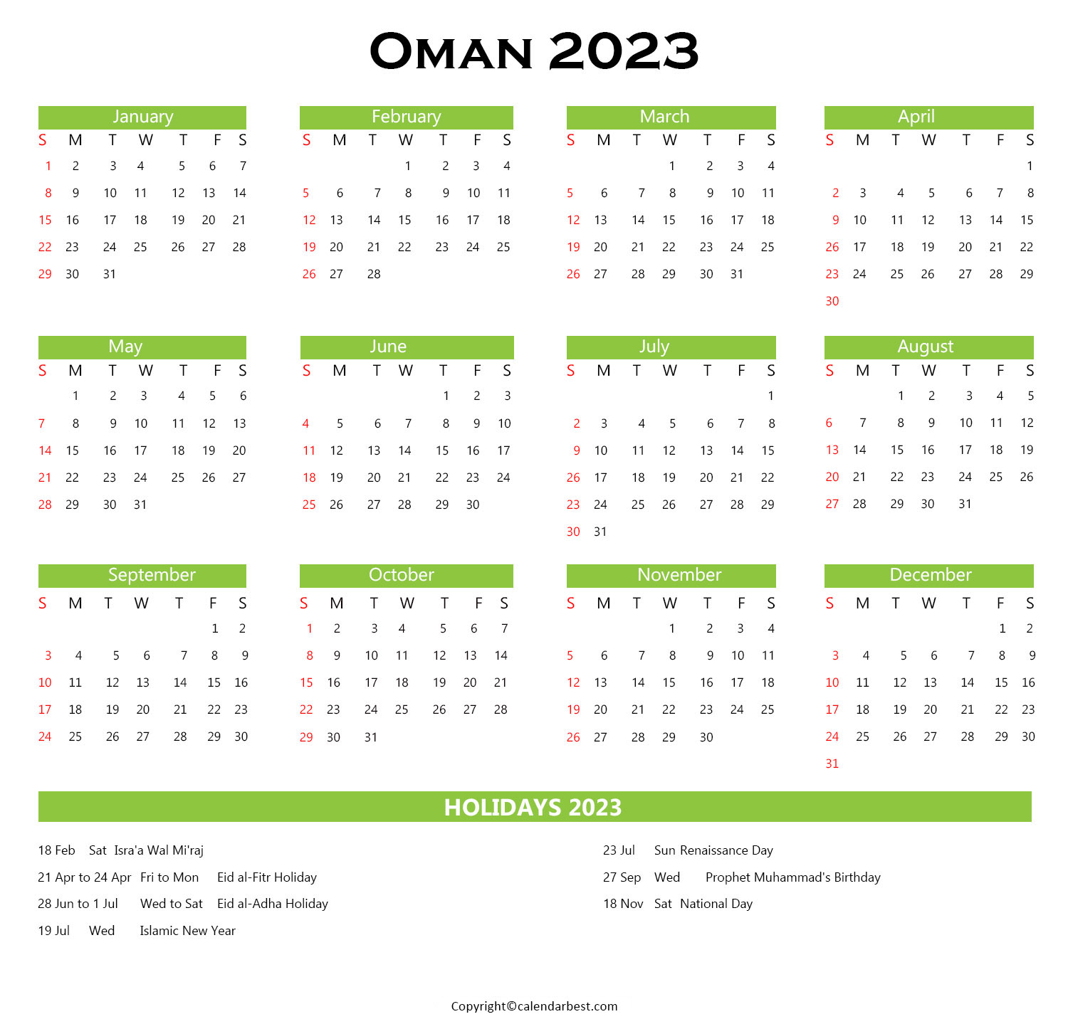 Oman Calendar 2023