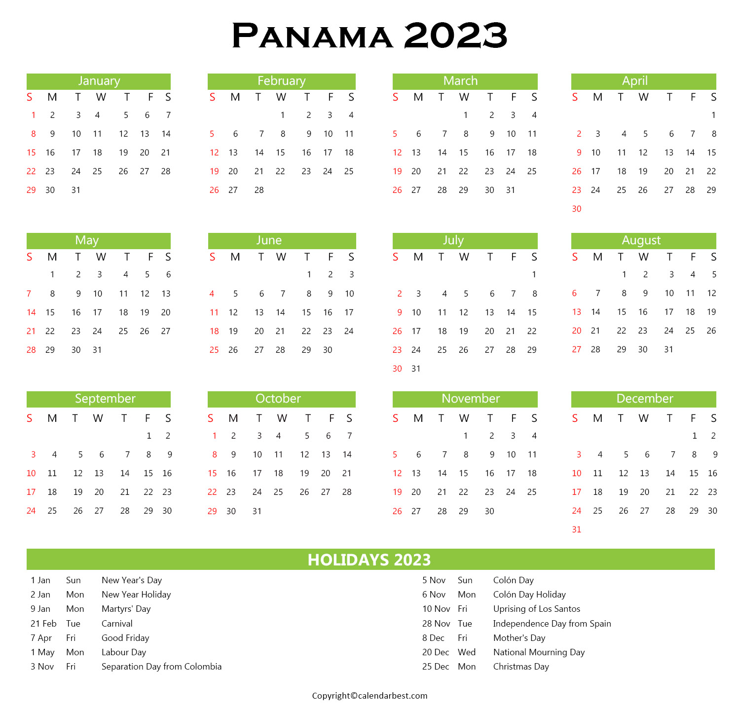 Panama Calendar 2023