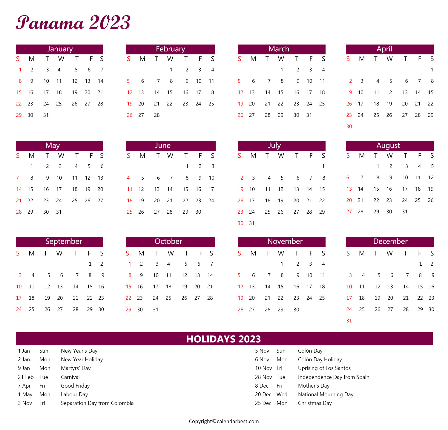 Panama Calendar 2023 with Holidays