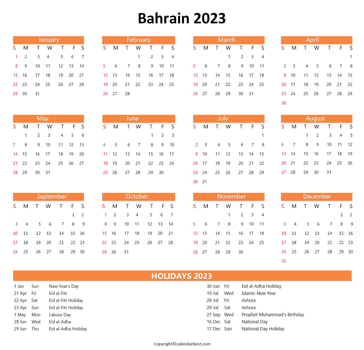 Printable Bahrain Calendar 2023