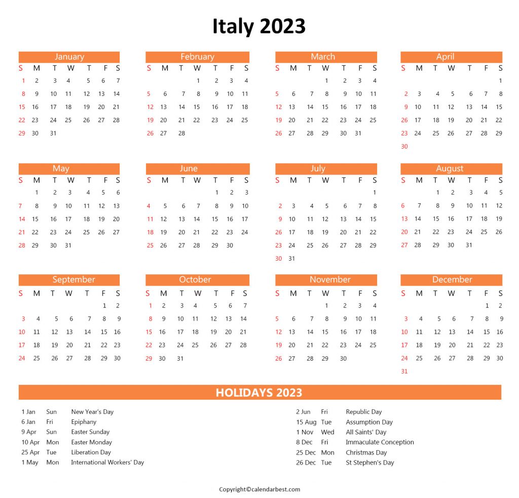 Italy Calendar 2023 with Holidays - Free Printable in PDF