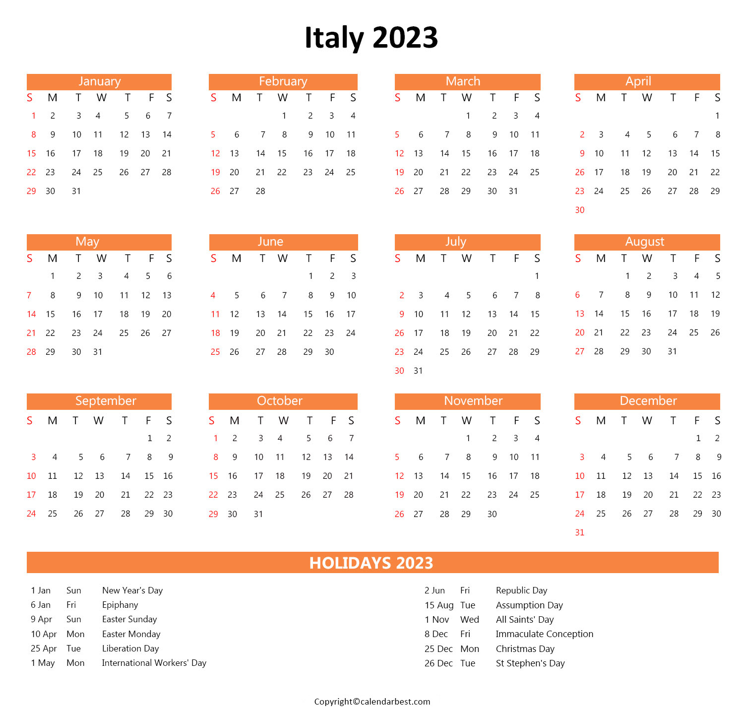 Printable Italy Blank Calendar 2023