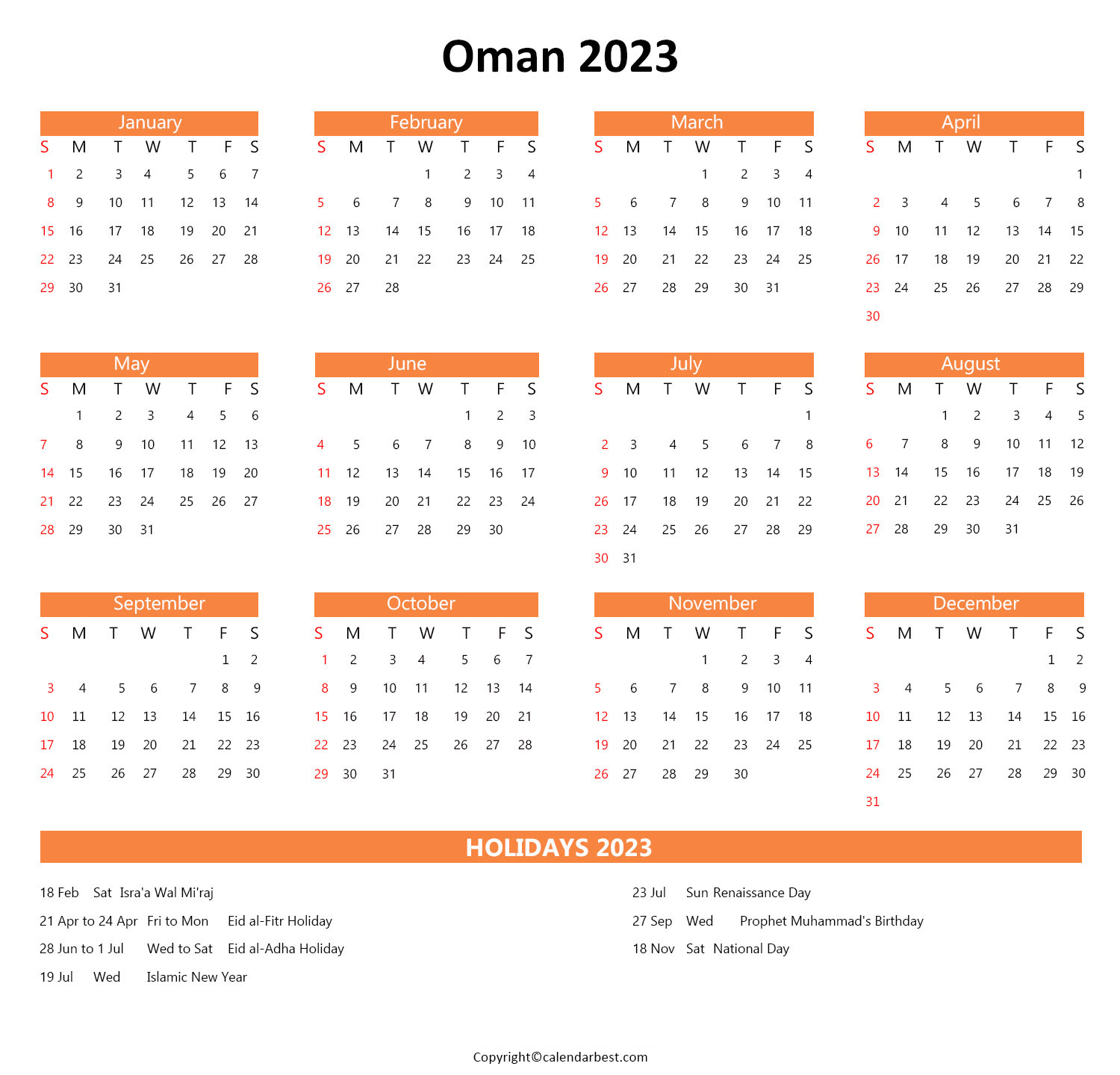 Printable Oman Calendar 2023