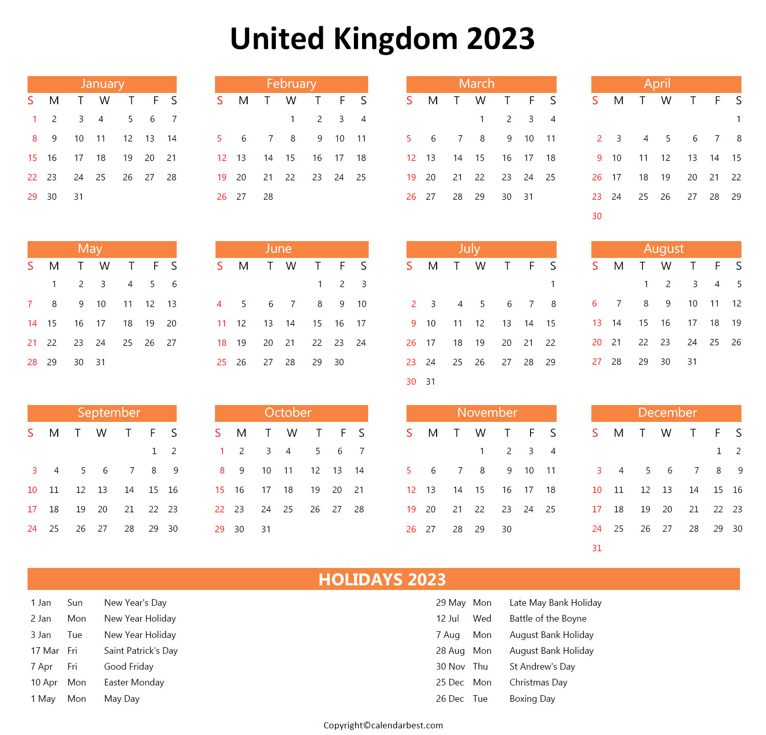 Printable UK Calendar 2023