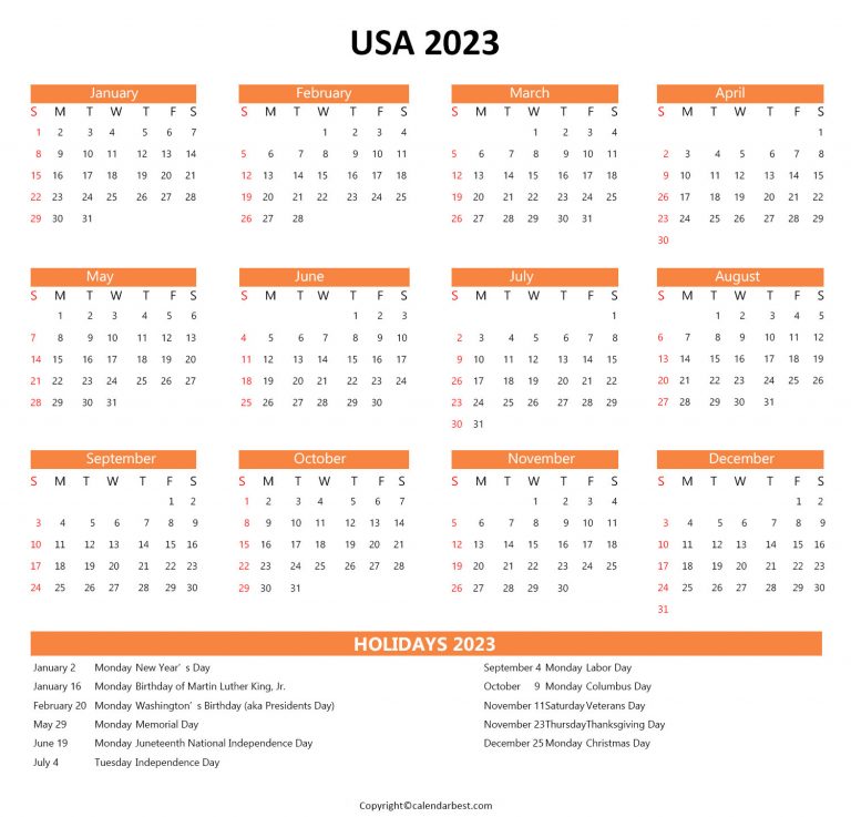 USA Calendar 2023 with Holidays - Free Printable in PDF