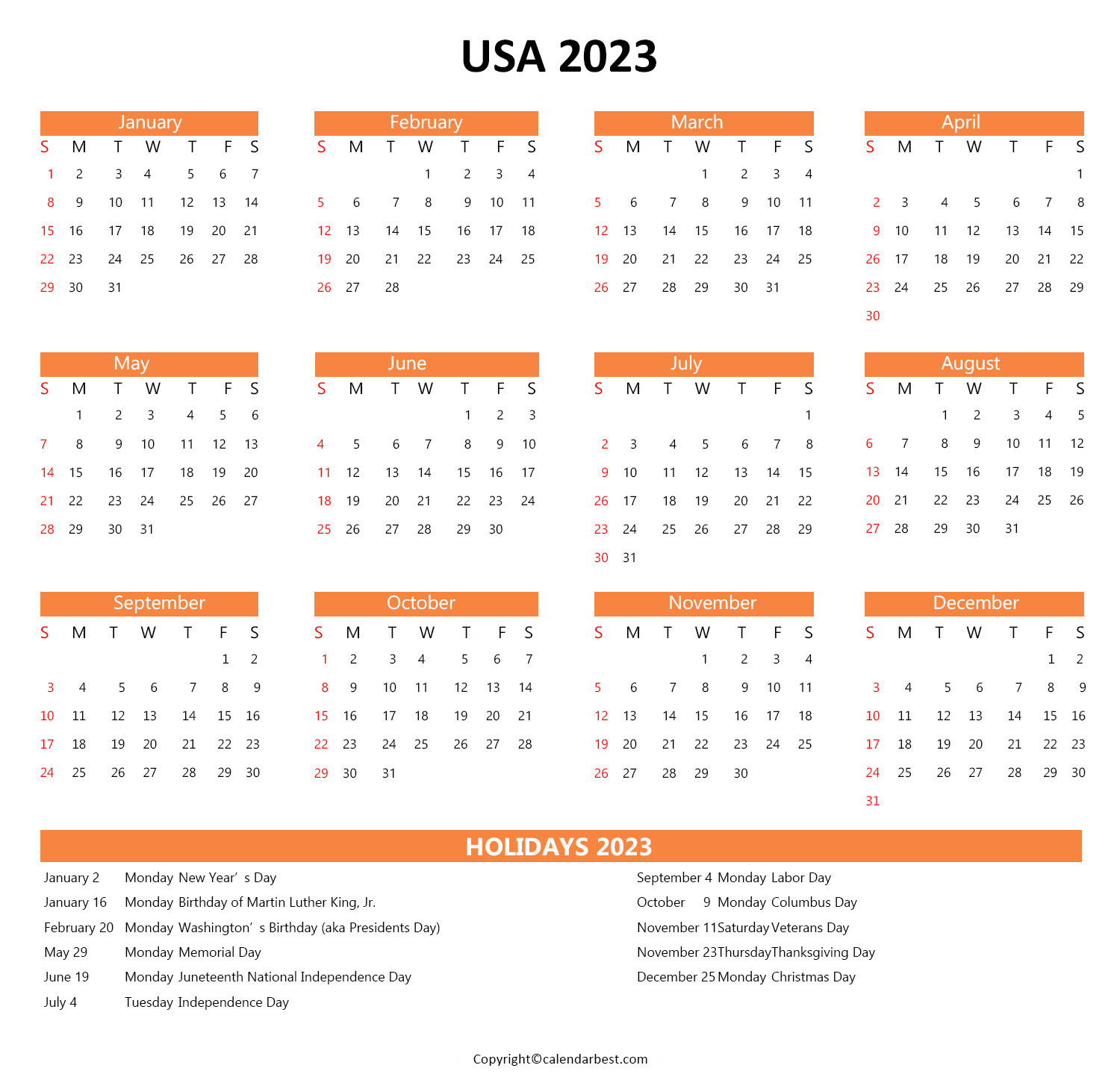Printable USA Calendar 2023
