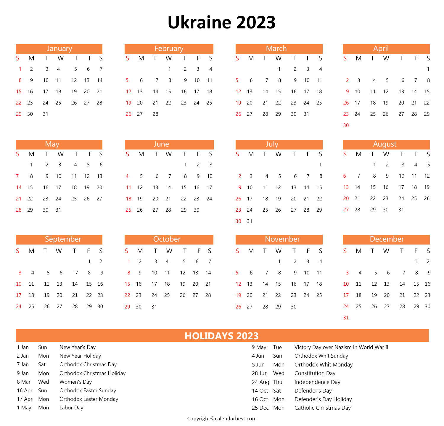 Printable Ukraine Calendar 2023