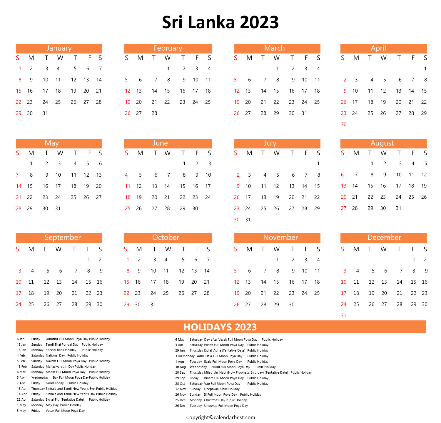 PrintableSri Lanka Calendar 2023