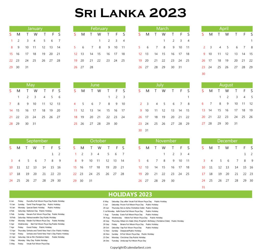 Sri Lanka Calendar 2023 With Holidays Download In PDF