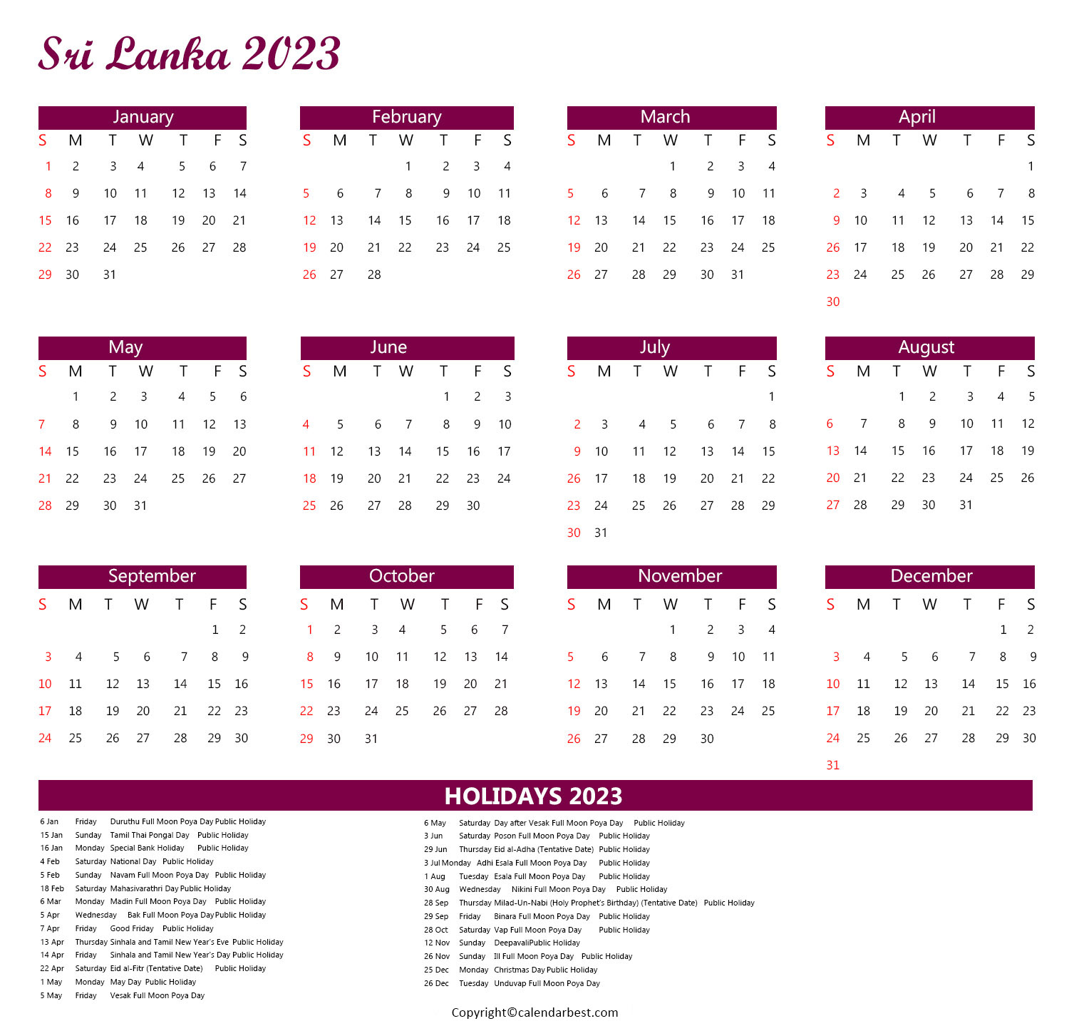 Sri Lanka Calendar 2023 with Holidays