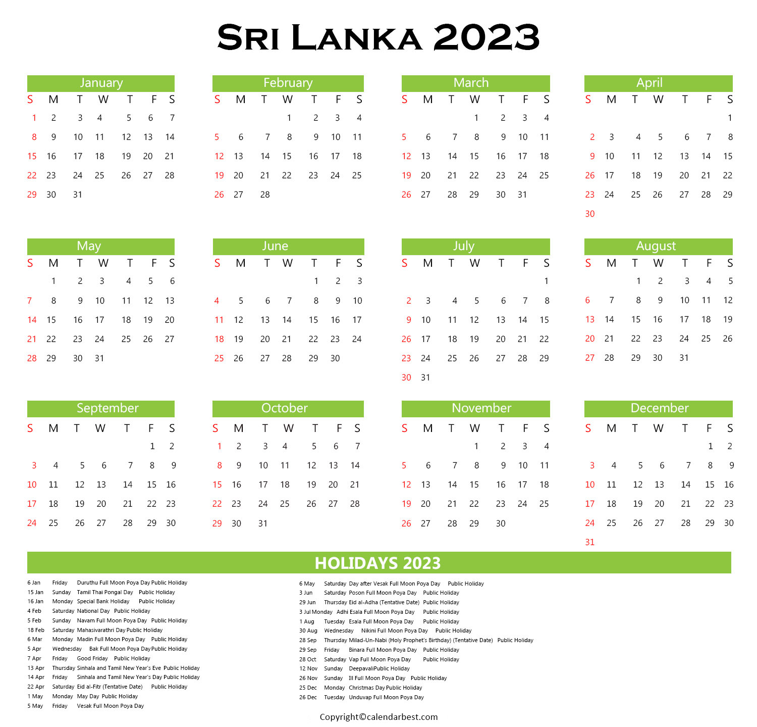 Sri Lanka Calendar 2023