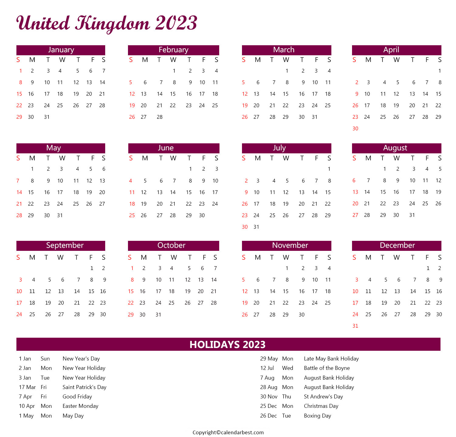 UK Calendar 2023 with Holidays  