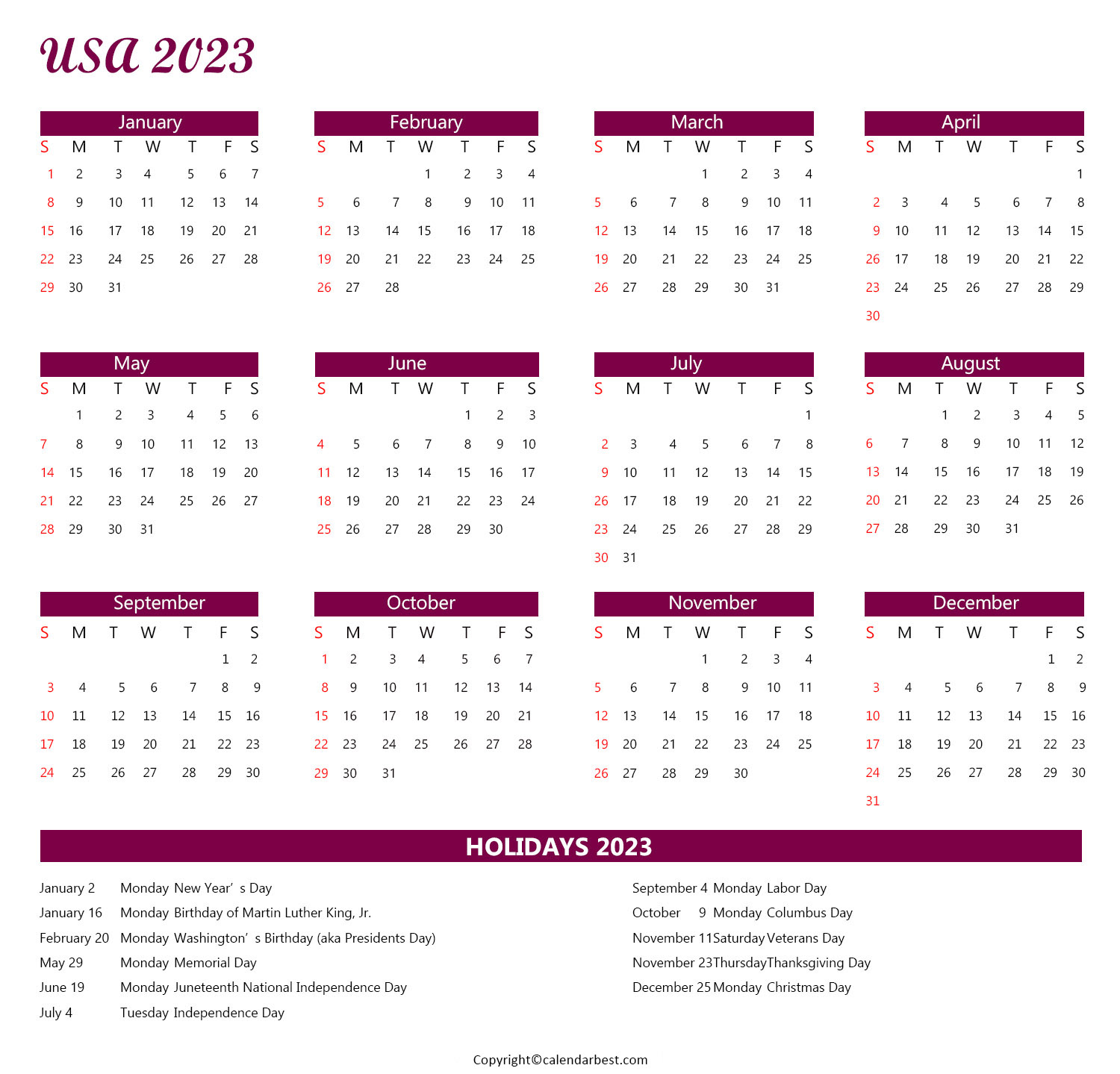 USA Calendar 2023 with Holidays