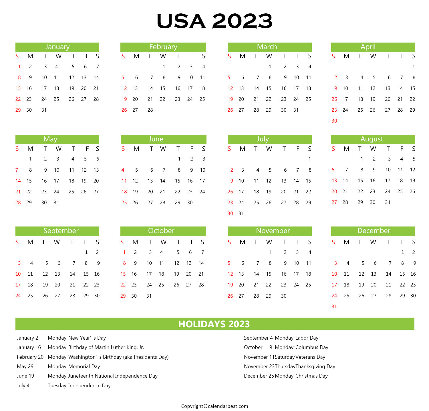 USA Calendar 2023