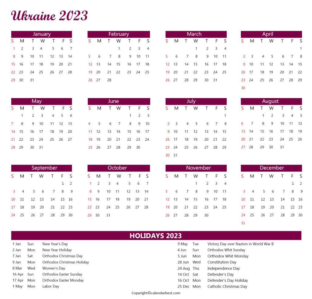 Ukraine Calendar 2023 with Holidays -Free Printable in PDF