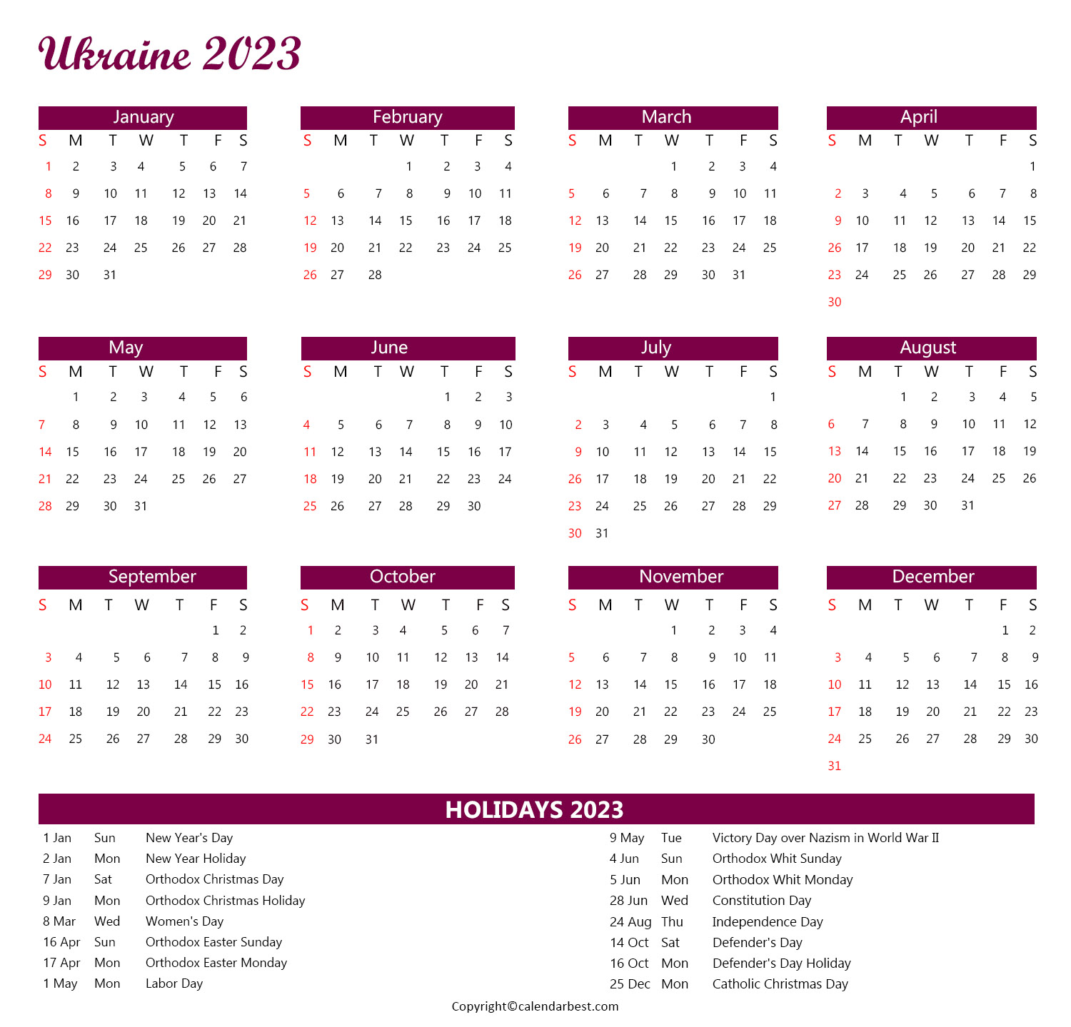 Ukraine Calendar 2023 with Holidays