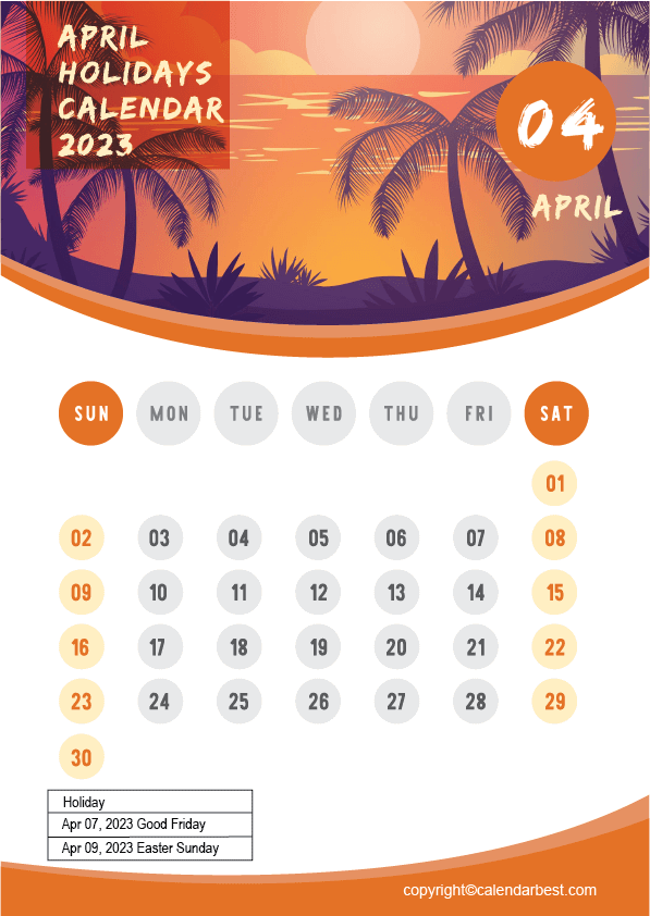 April Holidays Calendar 2023