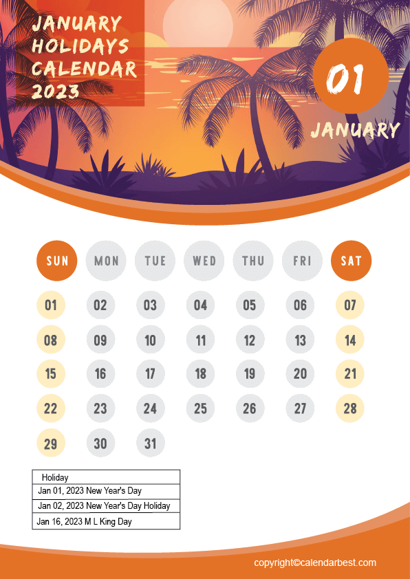 January Holidays Calendar 2023