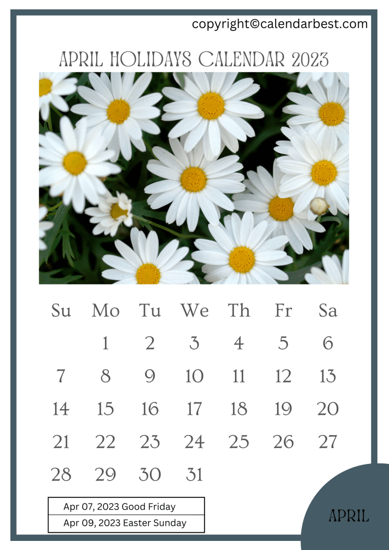 April Holidays Calendar 2023 Printable Template in PDF