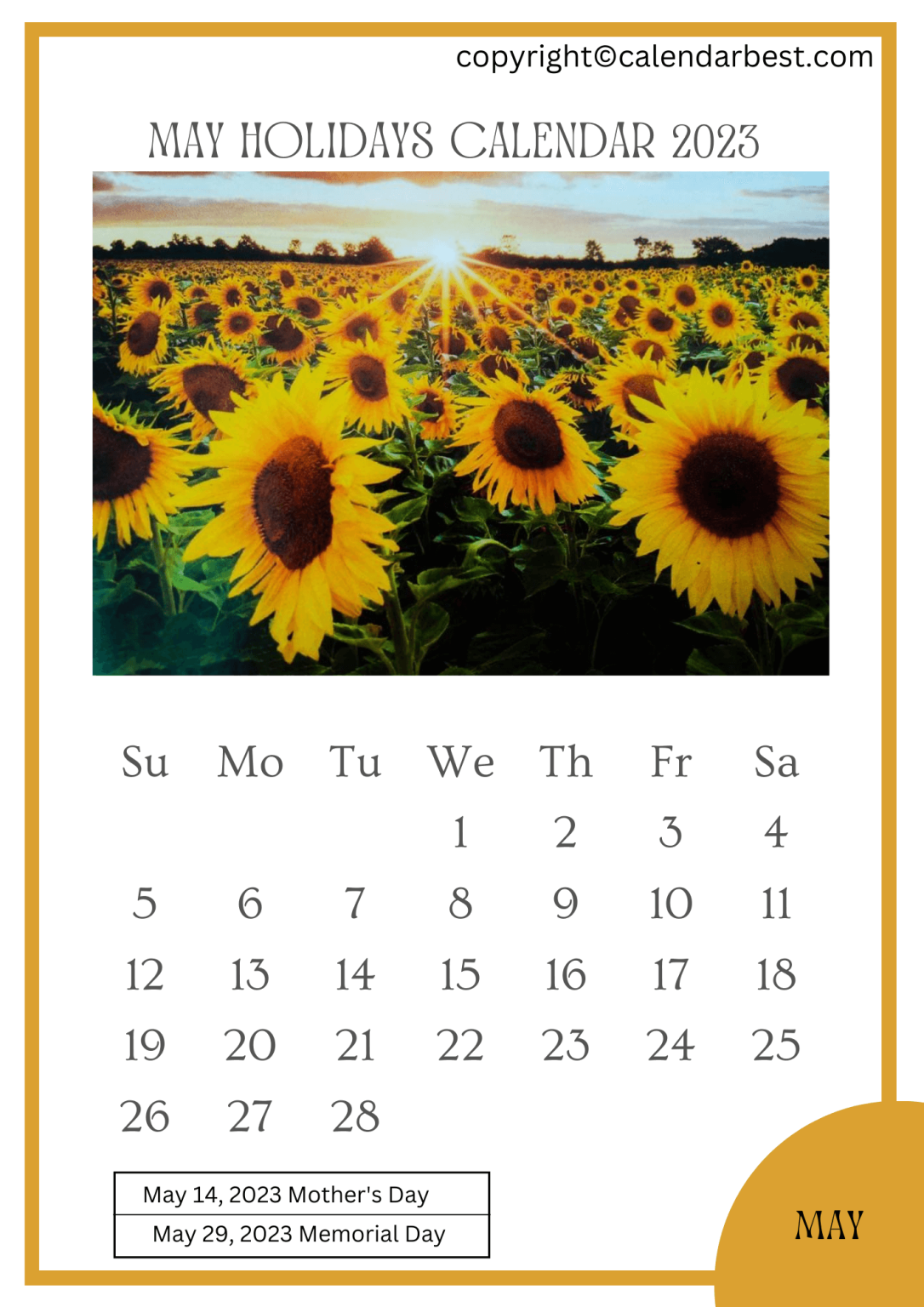 May Holidays Calendar 2023 – Printable Template in PDF