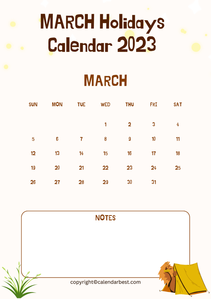 March Holidays 2023 Calendar Template