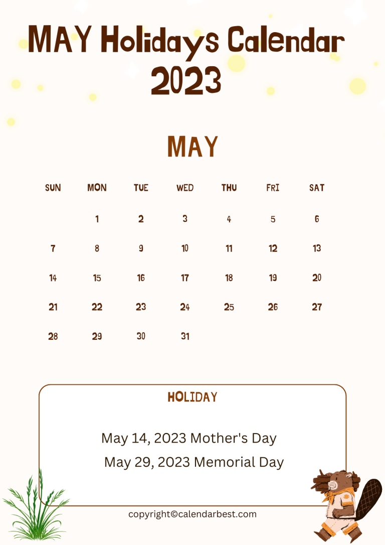 May Holidays Calendar 2023 – Printable Template in PDF