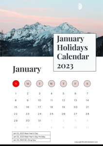 January Holidays Calendar 2023 – Printable Template in PDF