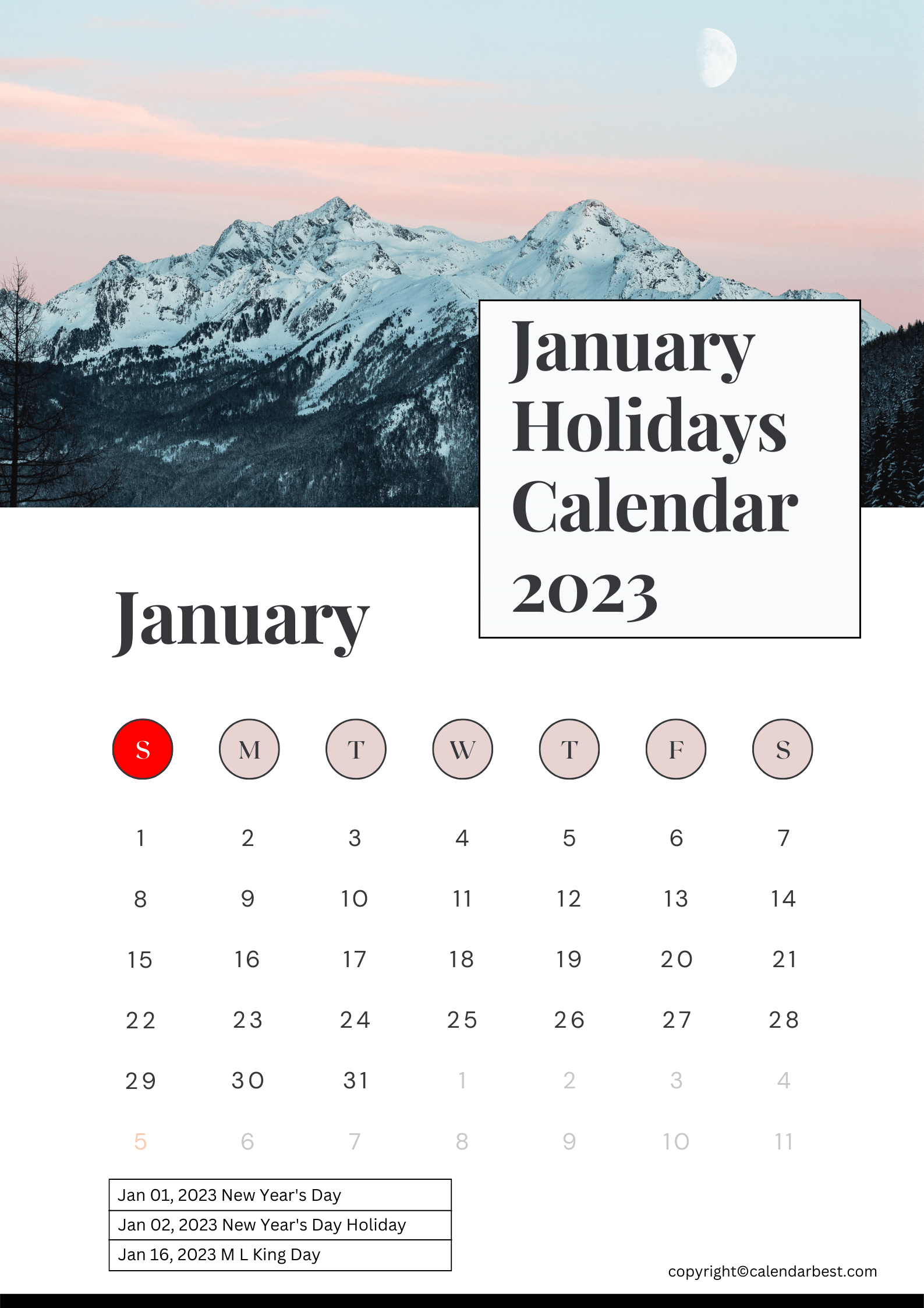 January Holidays Calendar 2023 Printable Template in PDF