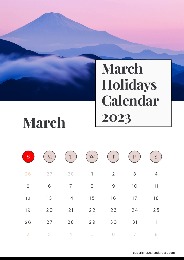 Printable March Calendar 2023 with Holidays