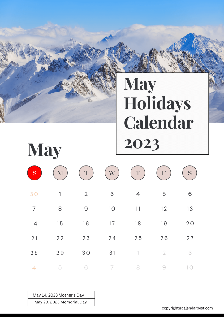 Printable May Calendar 2023 with Holidays