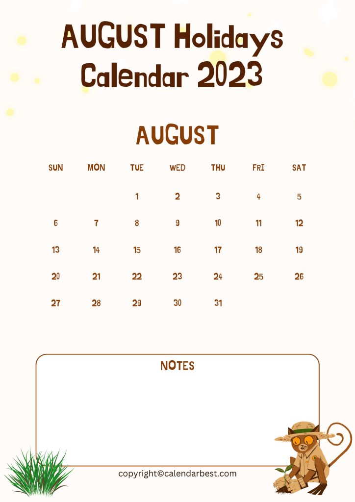 August Holidays 2023 Calendar Template