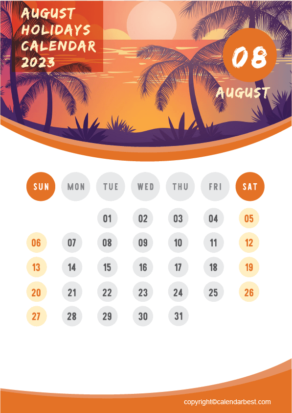 August Holidays Calendar 2023