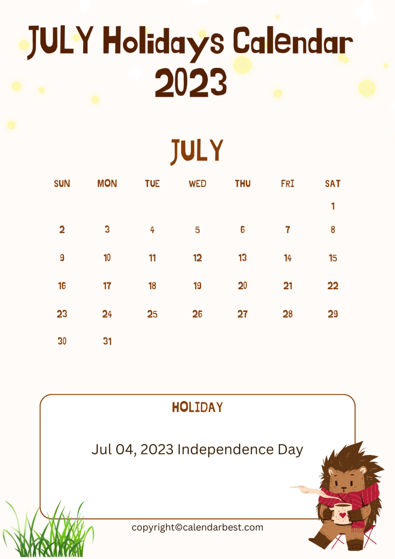 July Holidays Calendar 2023 – Printable Template in PDF