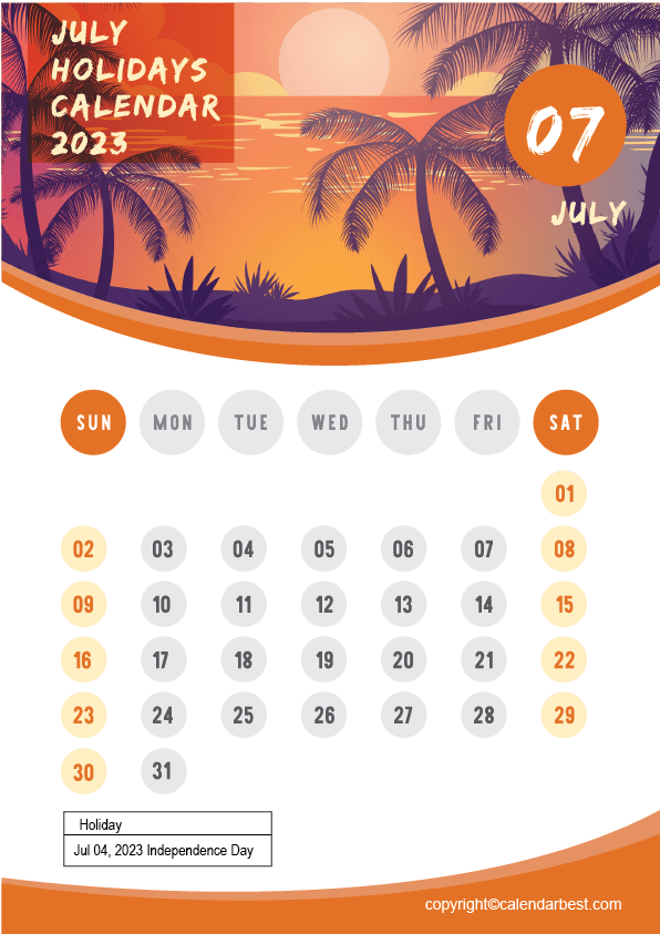 July Holidays Calendar 2023