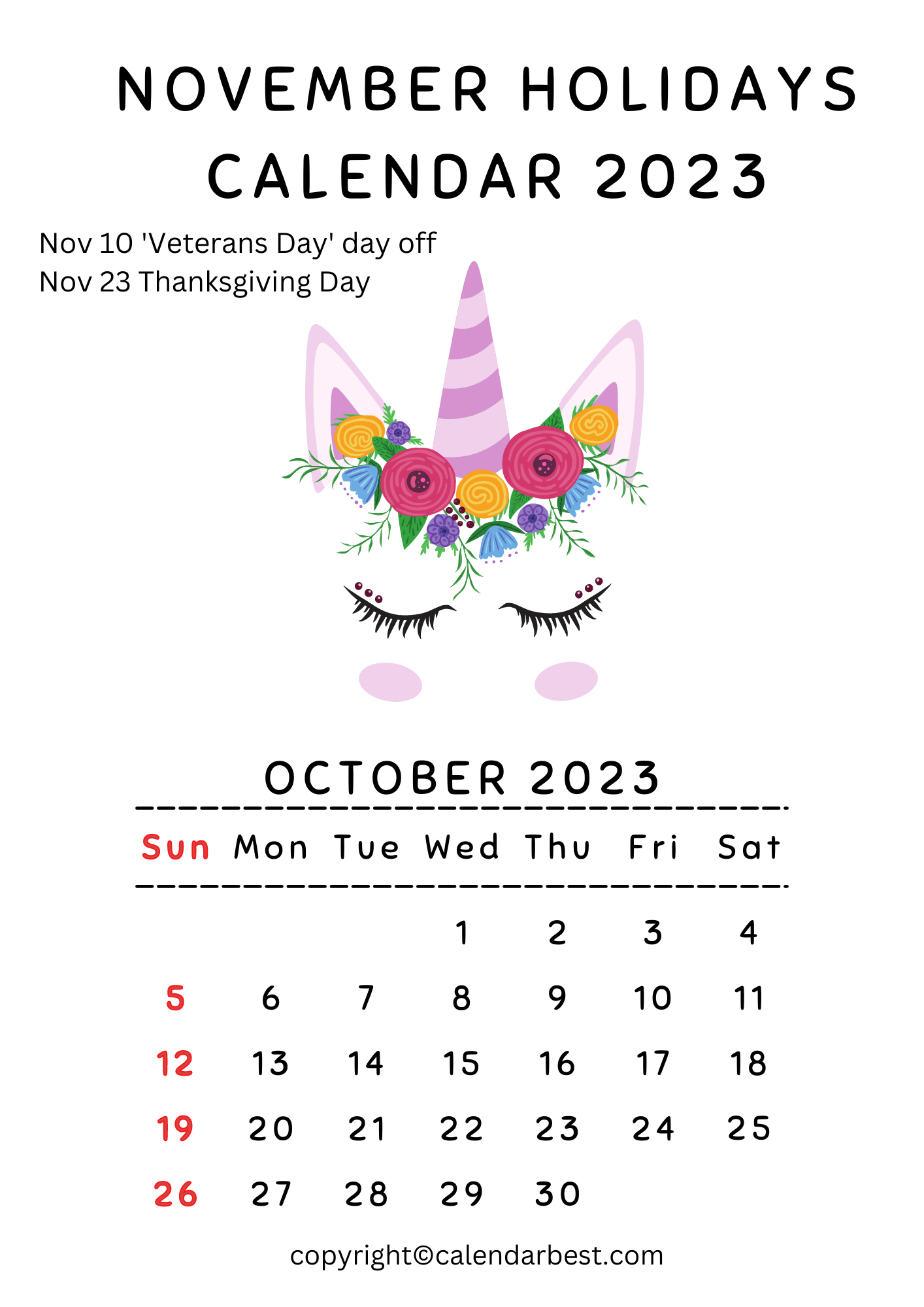 November Holidays Calendar 2023