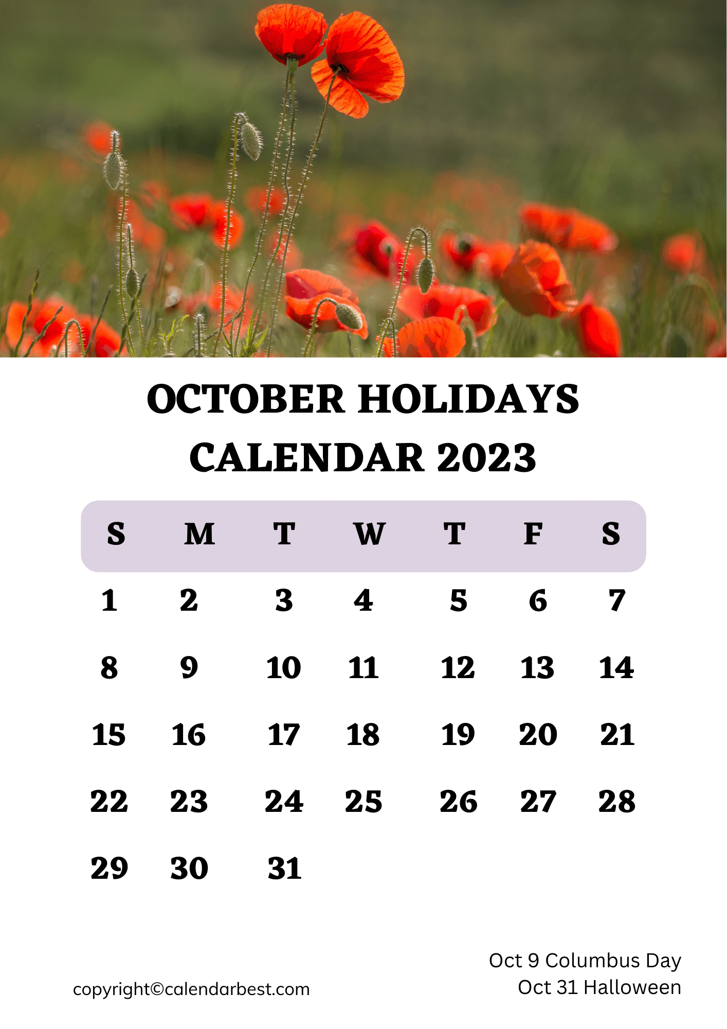 October Holidays 2023 Calendar Template