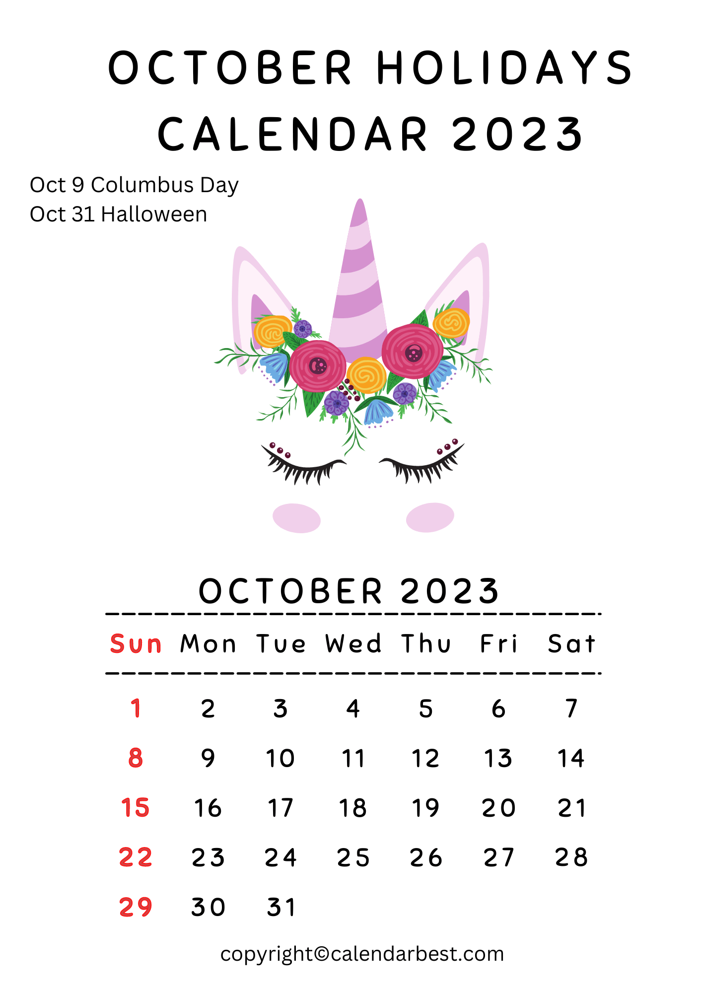 October Holidays Calendar 2023