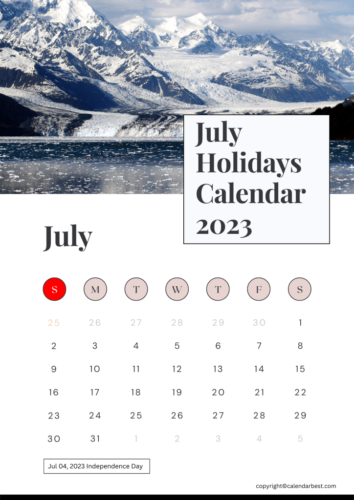 Printable July Calendar 2023 with Holidays