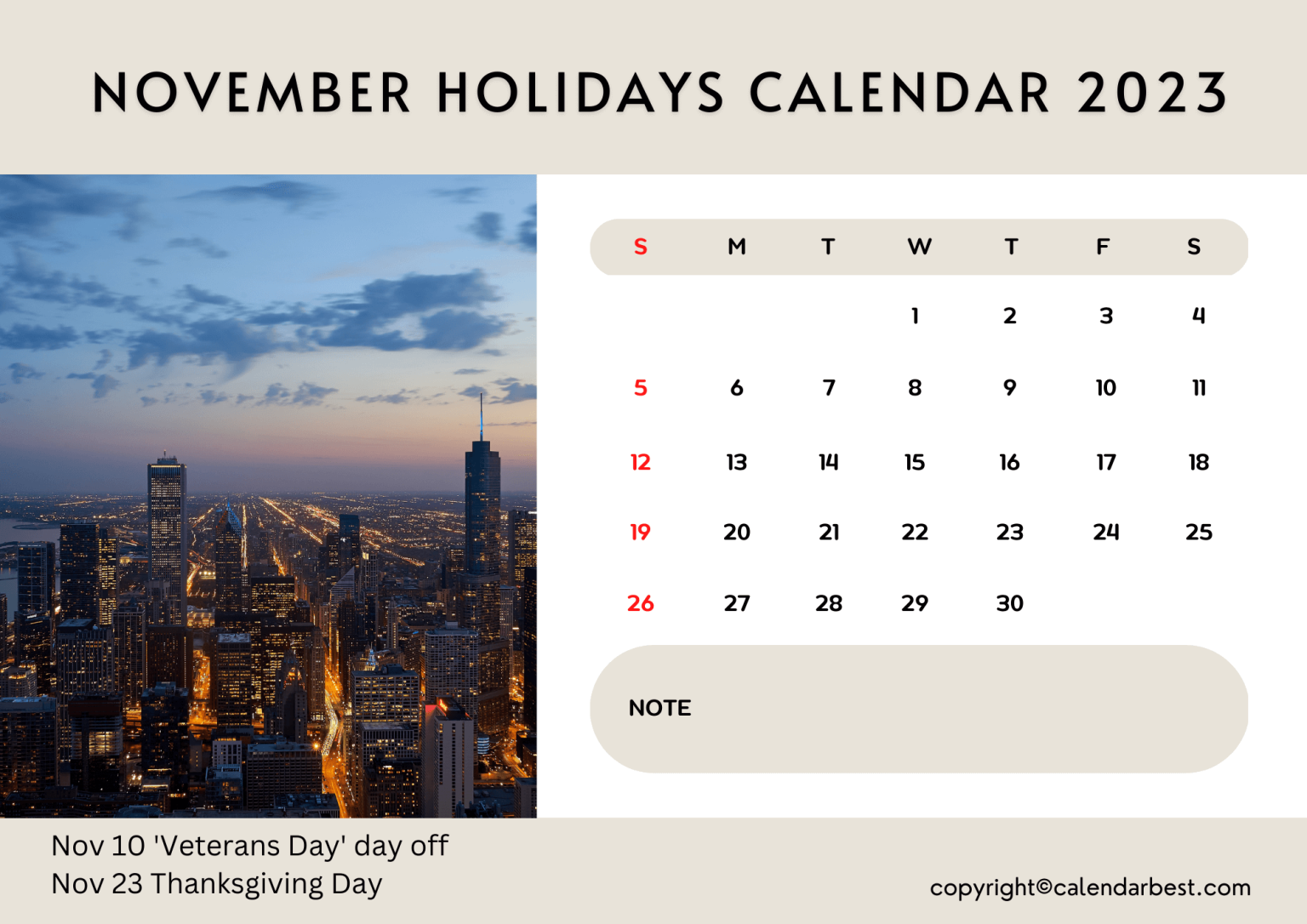 Printable November Calendar 2023 Holidays | Free Printable Calendar 2023