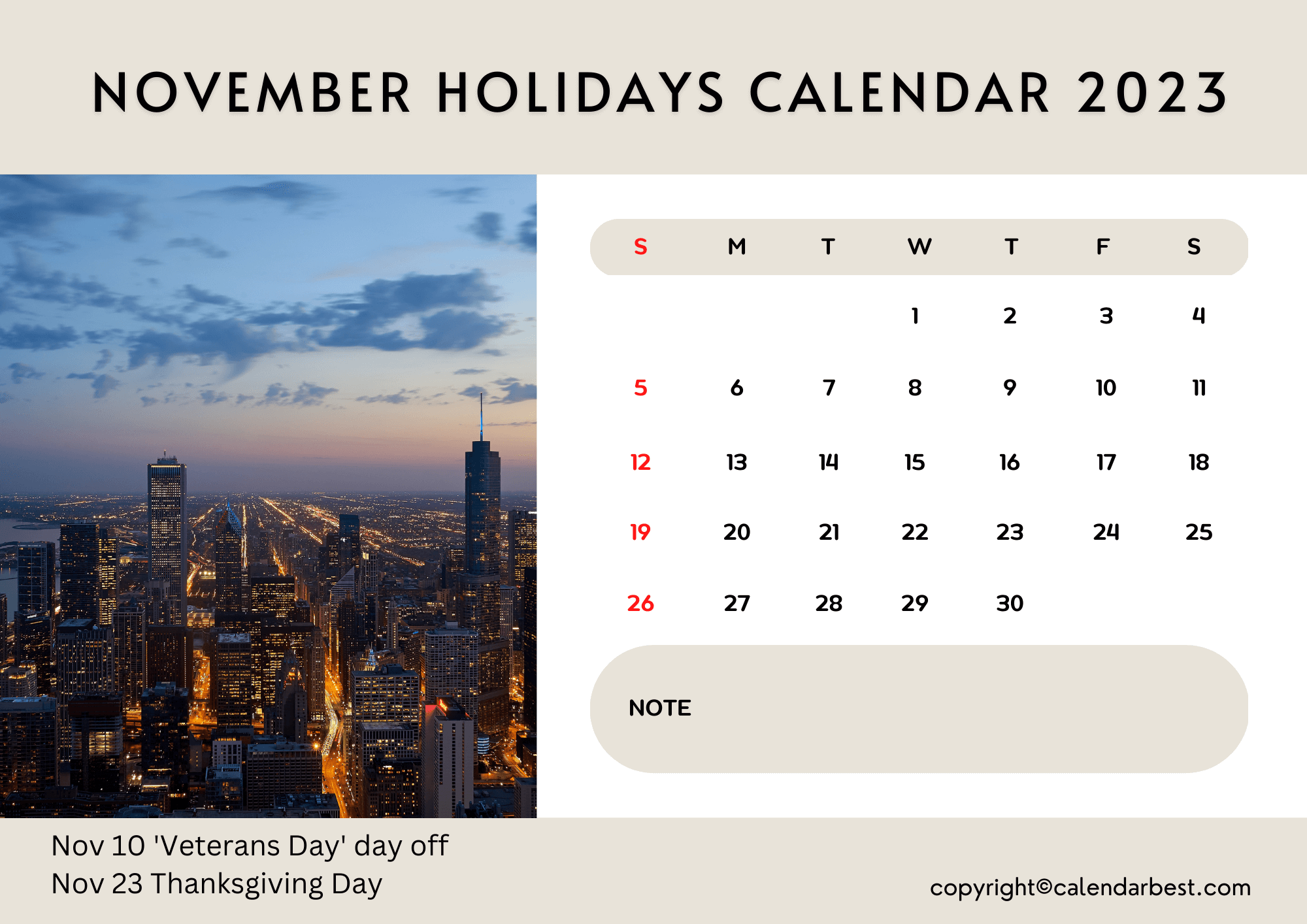 Printable November Calendar 2023 with Holidays