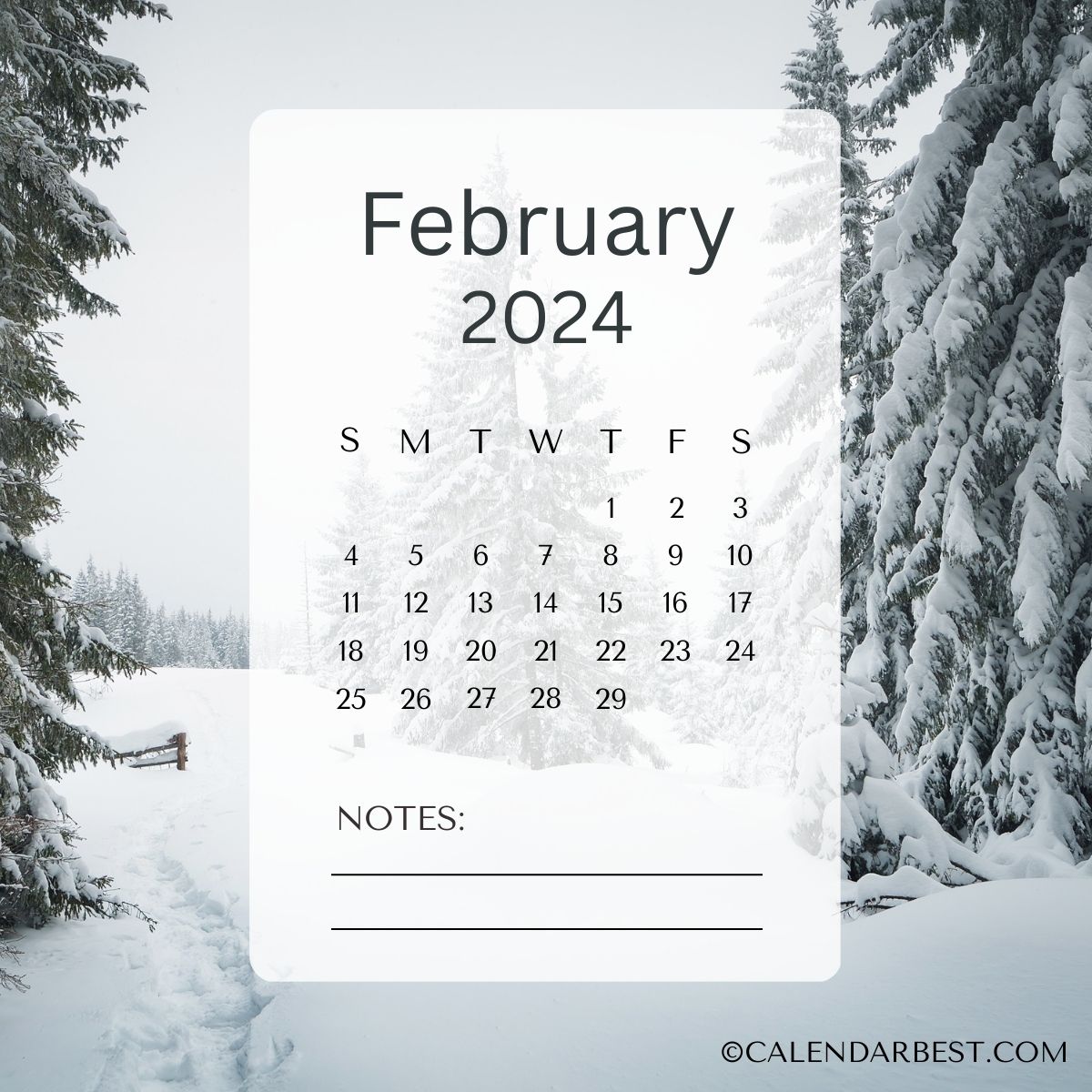 Printable February Calendar 2024 with Notes